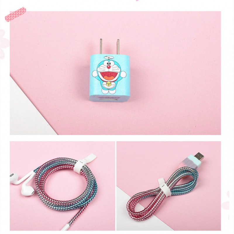 家柏饰(CORATED)苹果iphone6s/7/8plus/xr/xs手机充电器贴纸6x数据线保护套8x耳机缠绕线器5 小叮当粉蓝渐变雪糕）