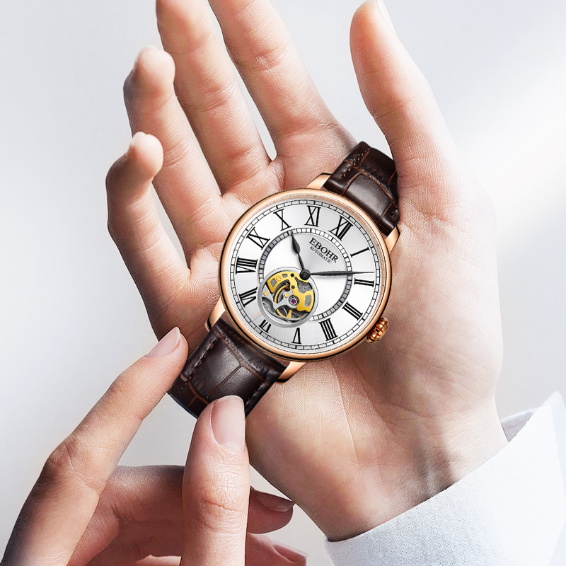 依波(EBOHR)手表男大师系列男士自动机械表镂空时尚超薄防水腕表送男友礼物 玫瑰金皮带 51703439高清大图