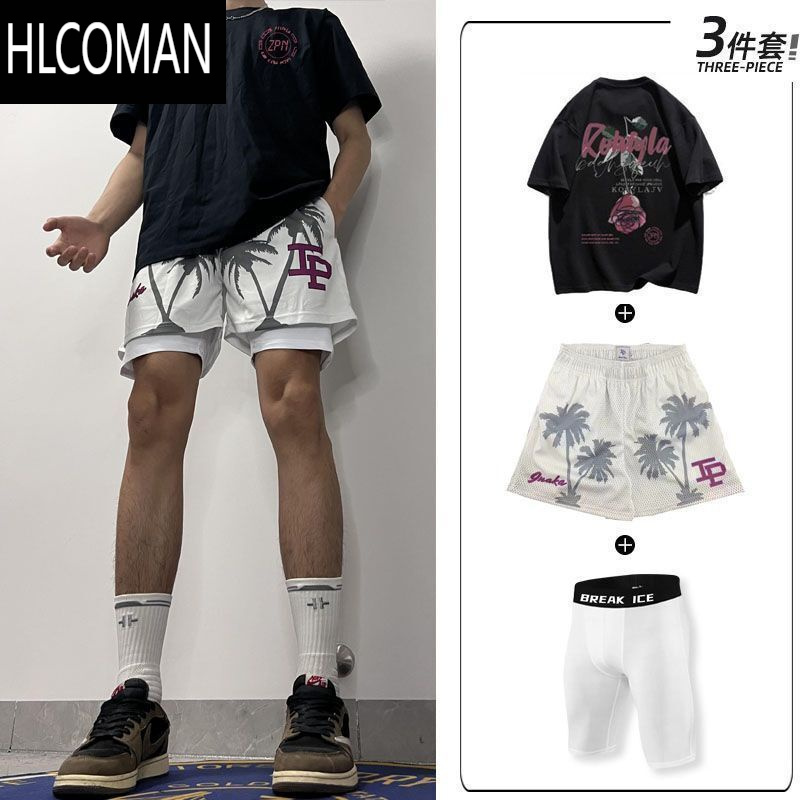 HLCOMAN青少年套装不过膝四分裤男潮牌美式运动篮球裤套休闲短袖