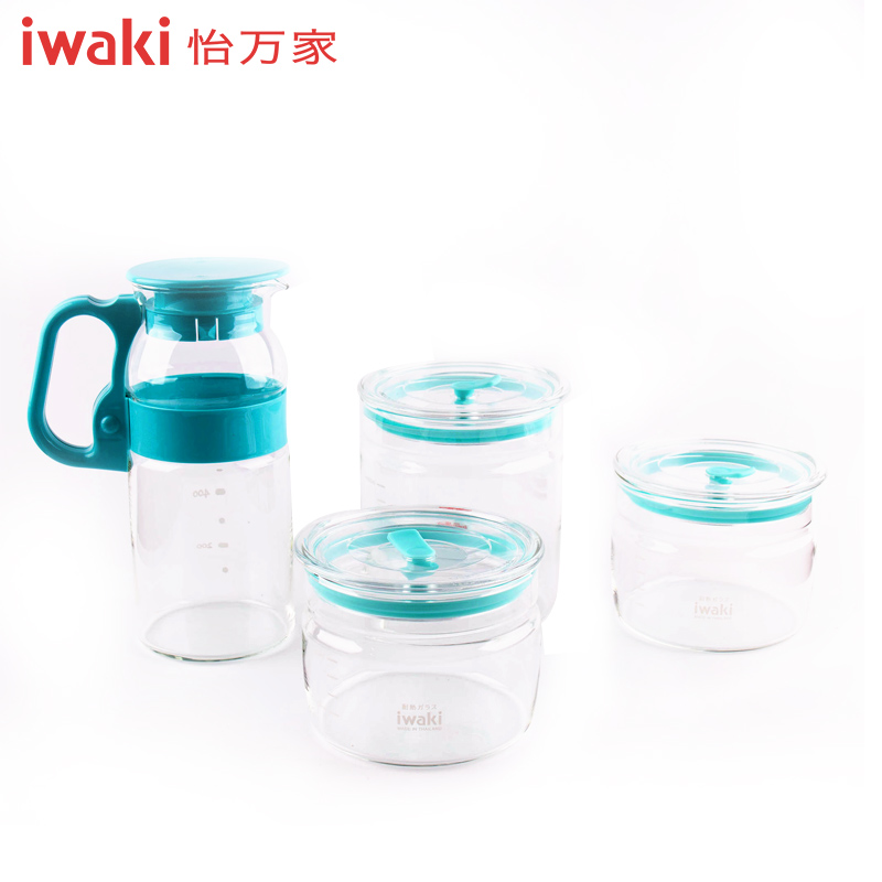 [百年品牌,精致生活,高端耐热玻璃水壶]TAMIX-4T1C怡万家iwaki耐热玻璃马卡龙4件套薄荷绿(密封罐+冷水壶)高清大图