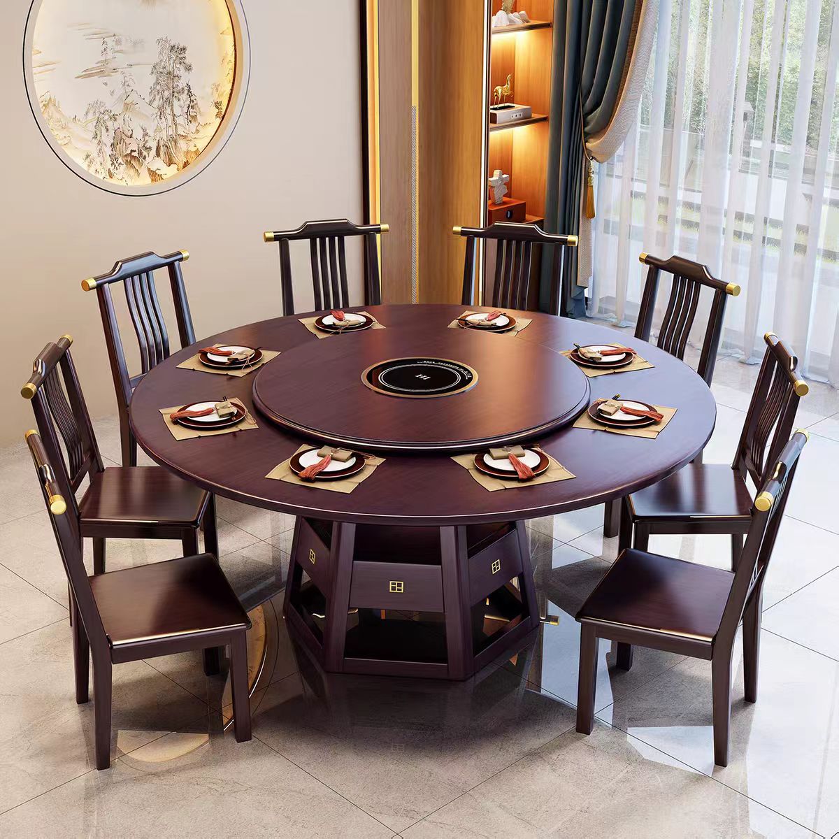 中式实木餐桌带转盘家用10人大圆桌子现代简约饭桌椅组合饭店圆桌高清大图