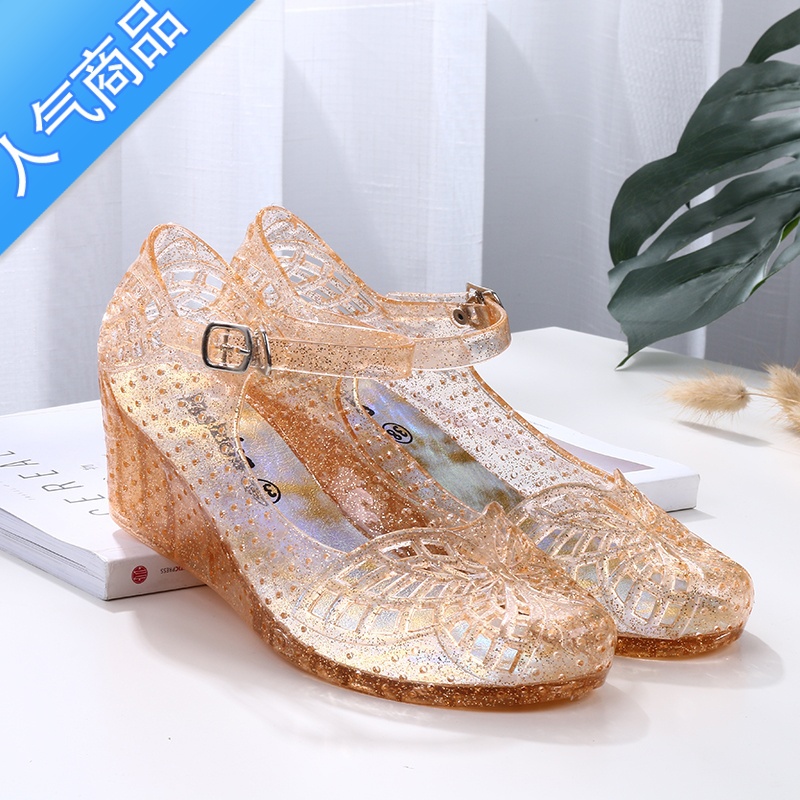 SUNTEK夏季凉鞋侧漏沙滩洞洞坡跟一字扣塑料果冻防滑耐磨透明水TESE高清大图