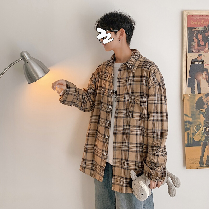 梵克公牛春季款网红chic长袖格子衬衫男港风日系韩版流帅气情侣衬衣