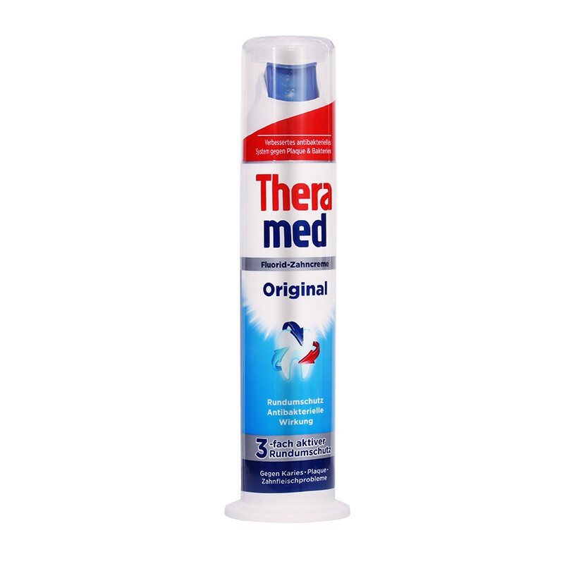 德国原装进口汉高Theramed汉高牙膏泰瑞美站立式按压牙膏100ml 防蛀固齿(蓝色)