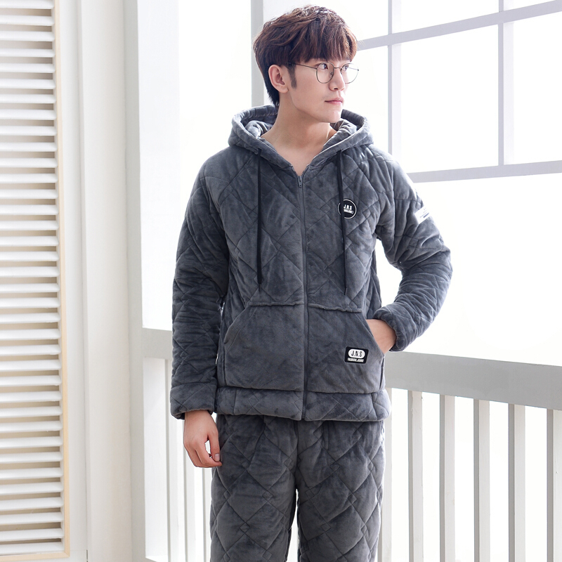 运动套装家居服冬季保暖加绒加厚夹棉冬天法兰绒珊瑚男士秋冬睡衣童6710灰色