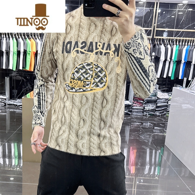 YANXU欧货2023新款针织衫男时尚雪尼尔绒修身提花打底衫毛衣男百织 L 款式二