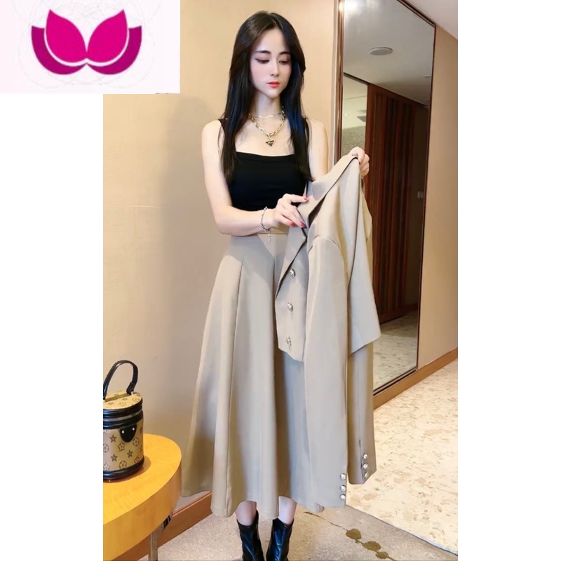 七斓网红时尚套装裙女2022秋季新款高级感显瘦小西装+过膝半身裙 卡其西装+半身裙正版质量 2XL120-130斤