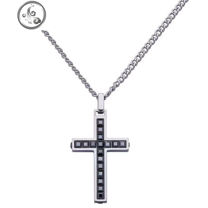 S925纯银男士帅气黑色水晶项链吊坠个性潮流百搭生日_132 十字架项链款式2