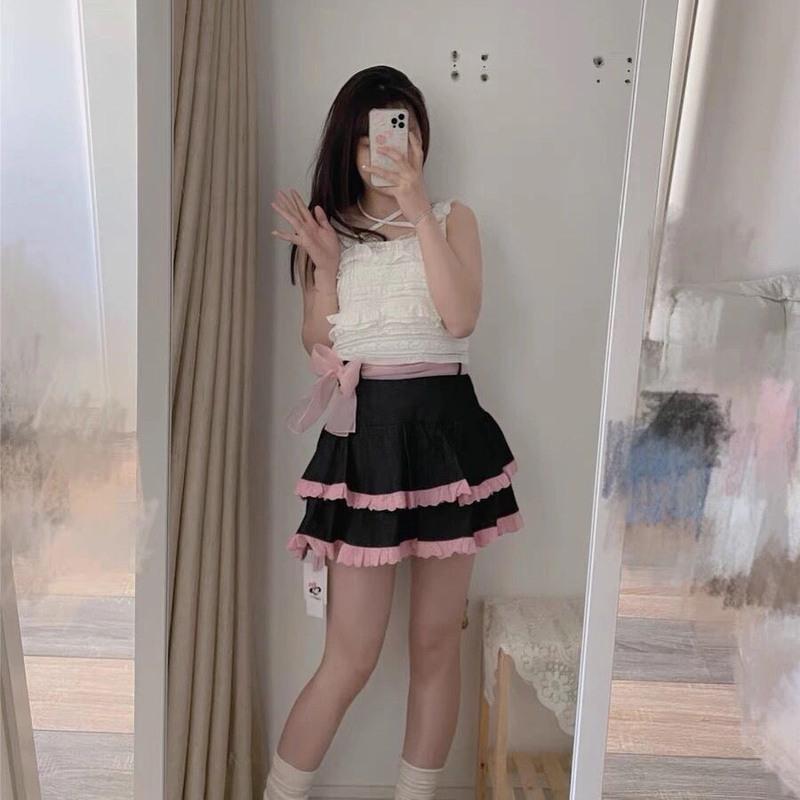 仙女蛋糕裙日系软妹可爱荷叶边蕾丝绑带韩版学生辣妹半身裙女闺蜜 黑色蛋糕裙+丝带 S