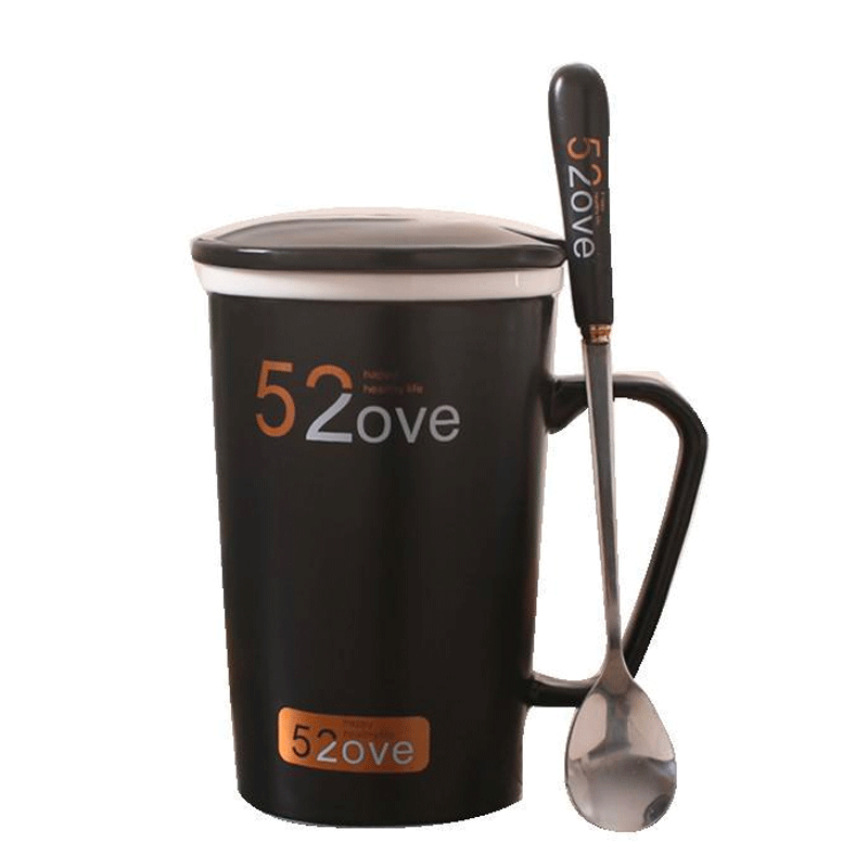 陶瓷水杯创意女生水杯 陶瓷杯带盖带勺配一对 情侣杯子 陶瓷马克杯咖啡杯茶杯