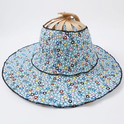 两用折叠夏季女士遮阳帽扇帽防晒太阳帽折扇出游百搭帽子竹制扇帽蓝色