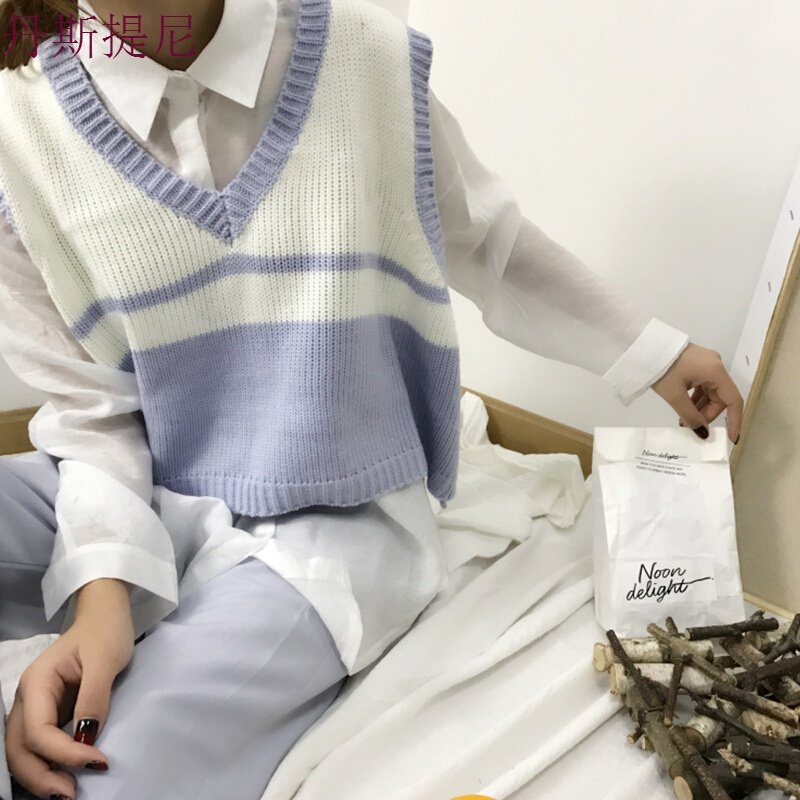 春秋韩版宽松撞色V领条纹针织衫女学生短款毛衣马甲背心外套黑色均码