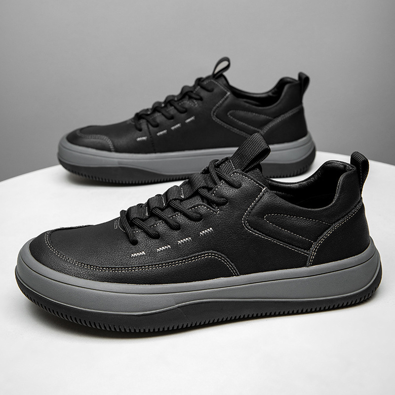 秋季新款真皮男鞋潮流百搭皮鞋厚底防滑休闲鞋男士歪头小丑鞋