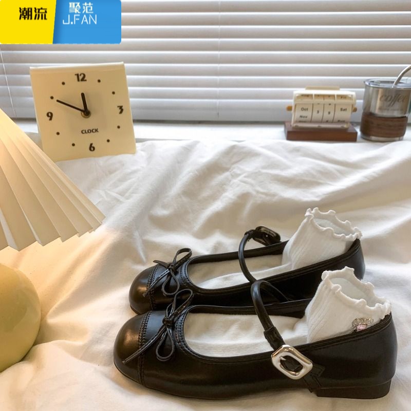 聚范银色圆头低跟玛丽珍单鞋女2024新款夏季法式配裙子浅口小皮鞋平底高清大图