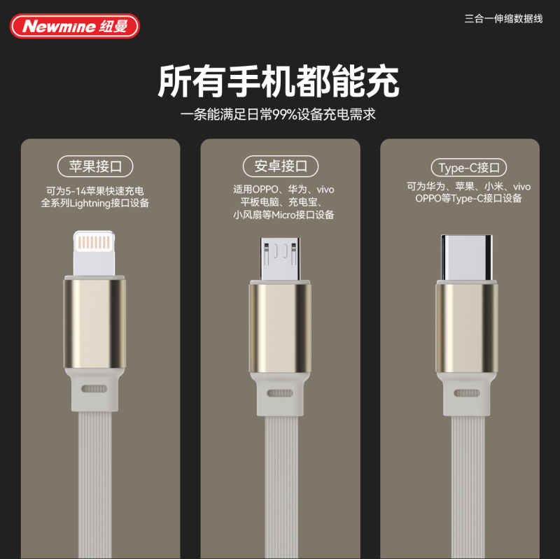 纽曼XS22 三合一数据线适用快充66W一拖三充电器线适用苹果华为小米Type-c安卓车载XS23伸缩线 XS22!高清大图