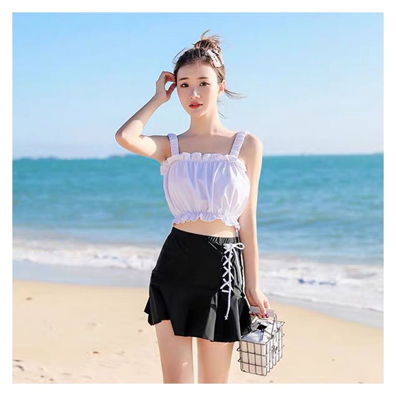 泳衣女裙式保守遮肚显瘦分体学生小胸游泳衣ins少女温泉泳装