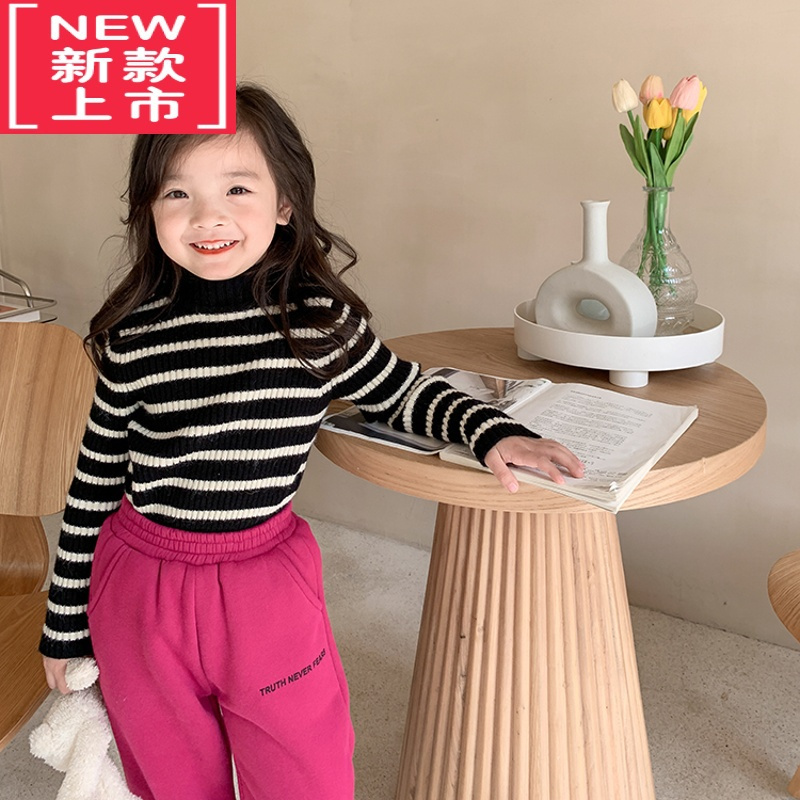 可莉允儿童撞色条纹半高领高弹针织上衣秋冬男童女童中领打底毛衣