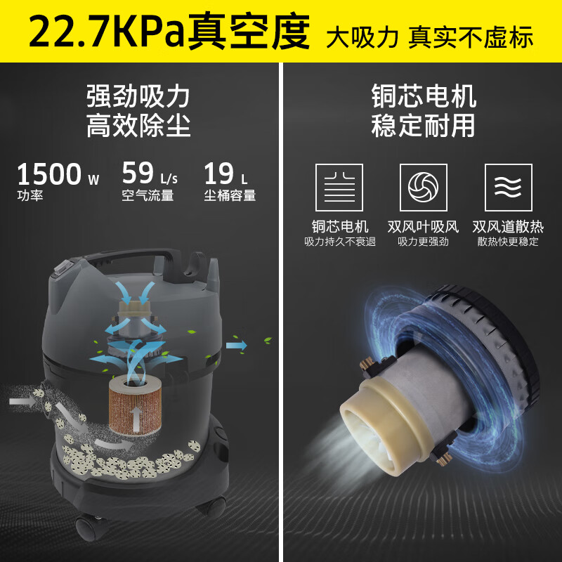 卡赫(KARCHER) 德国卡赫 商用工业不锈钢桶式干湿两用大吸力吸尘器 NT20/1高清大图