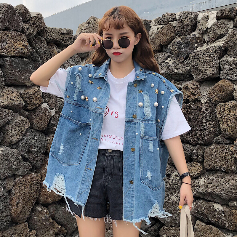 夏装女装韩版个性钉珠水洗破洞复古毛边牛仔马甲无袖背心上衣外套 蓝色 均码