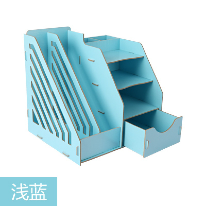美帮汇办公室用品桌面收纳盒子桌上创意木质架A4抽屉式文件夹置物架子 浅蓝【收藏送手机架】