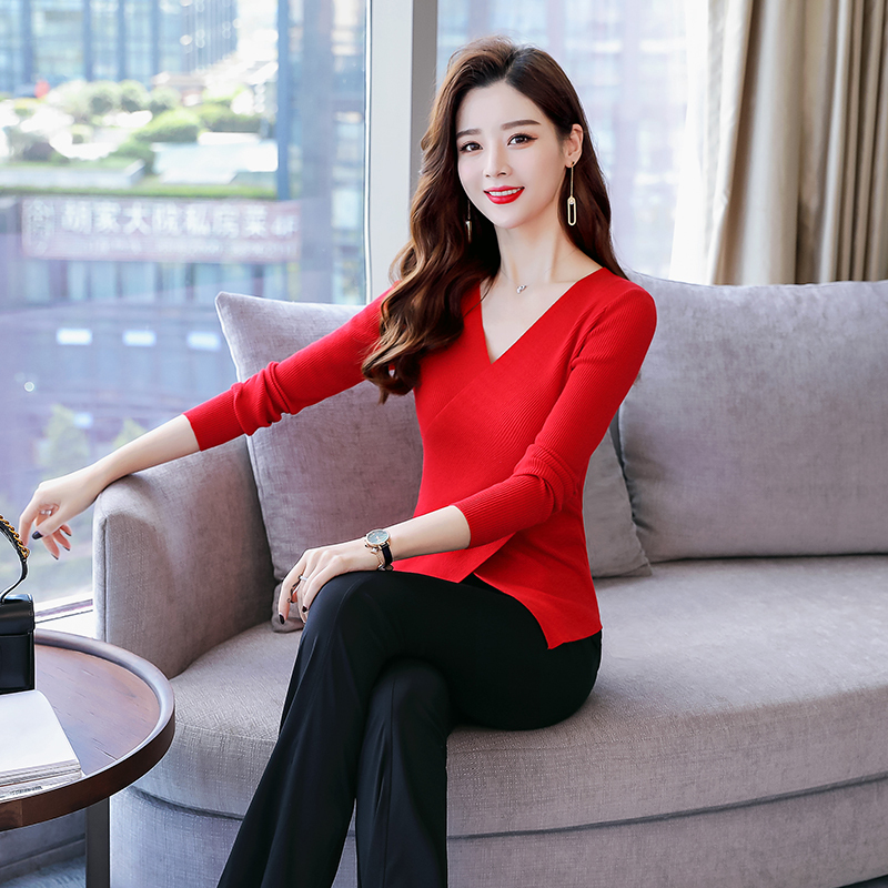 套装女女士秋季新品女装v领时尚气质长袖打底修身开叉长裤两件套