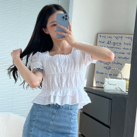 唐狮|夏季衬衣女抽褶系带衬衫净色清新短款收腰上衣 默认颜色 S