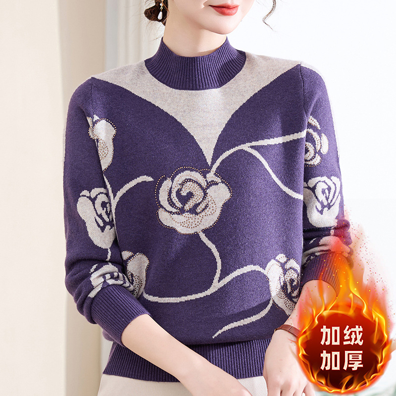 半高领加绒加厚毛衣女一体绒打底衫羊毛衫妈妈装冬装中年女士洋气