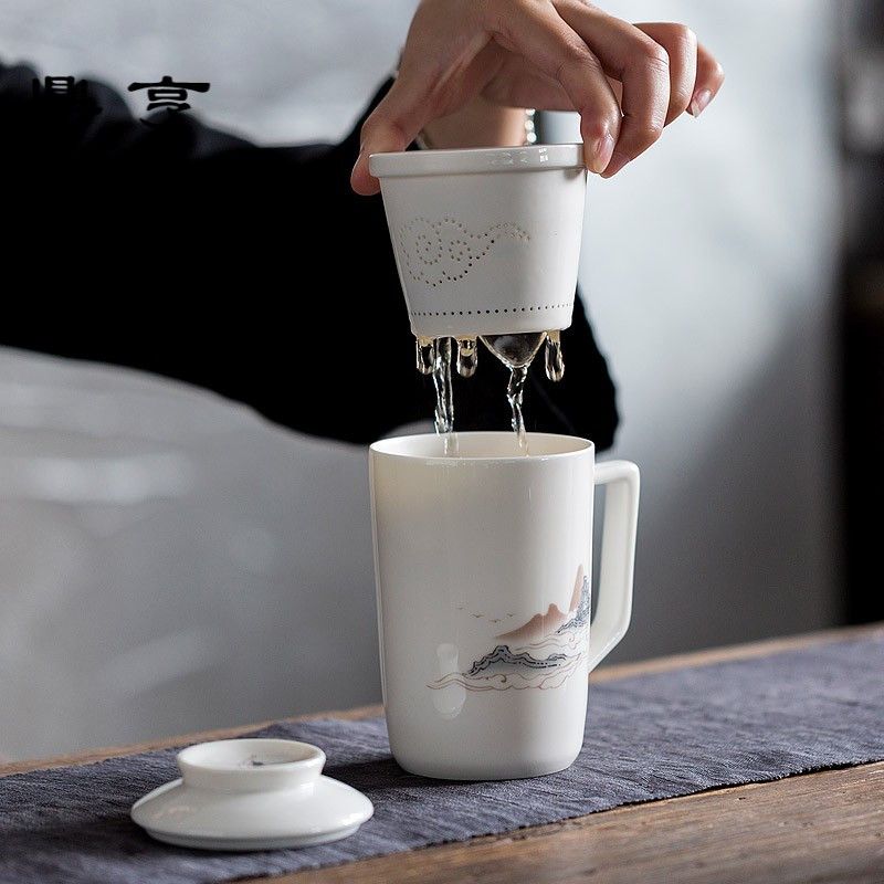 鼎亨千里江山德化白瓷中式茶杯陶瓷过滤带盖办公室泡茶杯茶水分离
