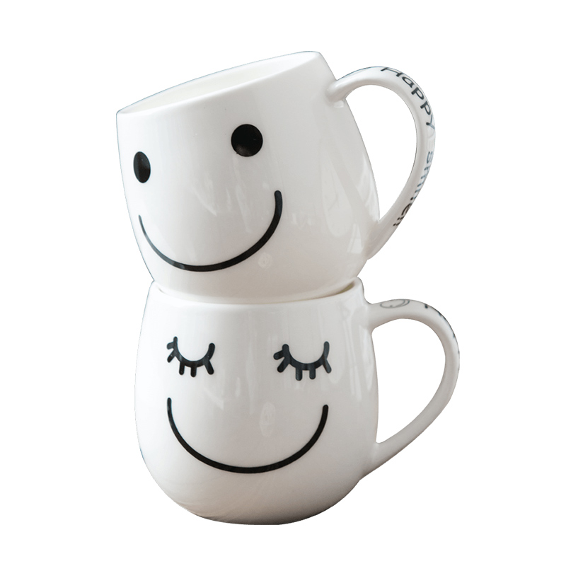 瓷魂 创意卡通时尚陶瓷马克杯情侣杯子咖啡杯水杯 好心情笑脸杯 2只装