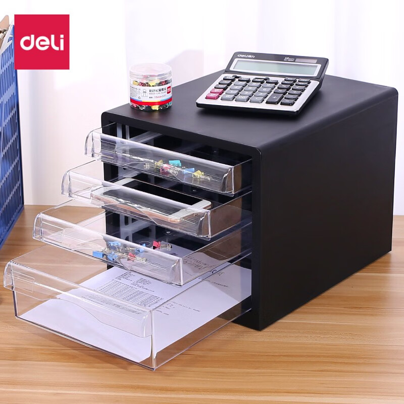 得力(deli) 9774 桌面资料整理文件柜 四层无锁 塑料抽屉柜 黑色高清大图
