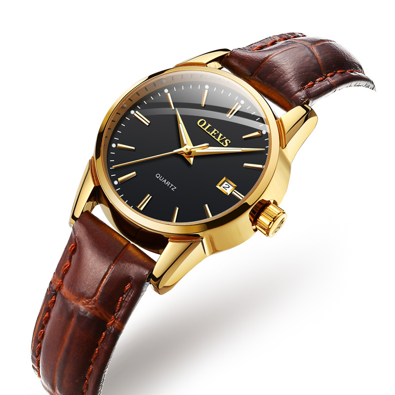 欧利时(olevs)瑞士认证品牌皮带双日历石英表女男士手表 夜光防水潮流