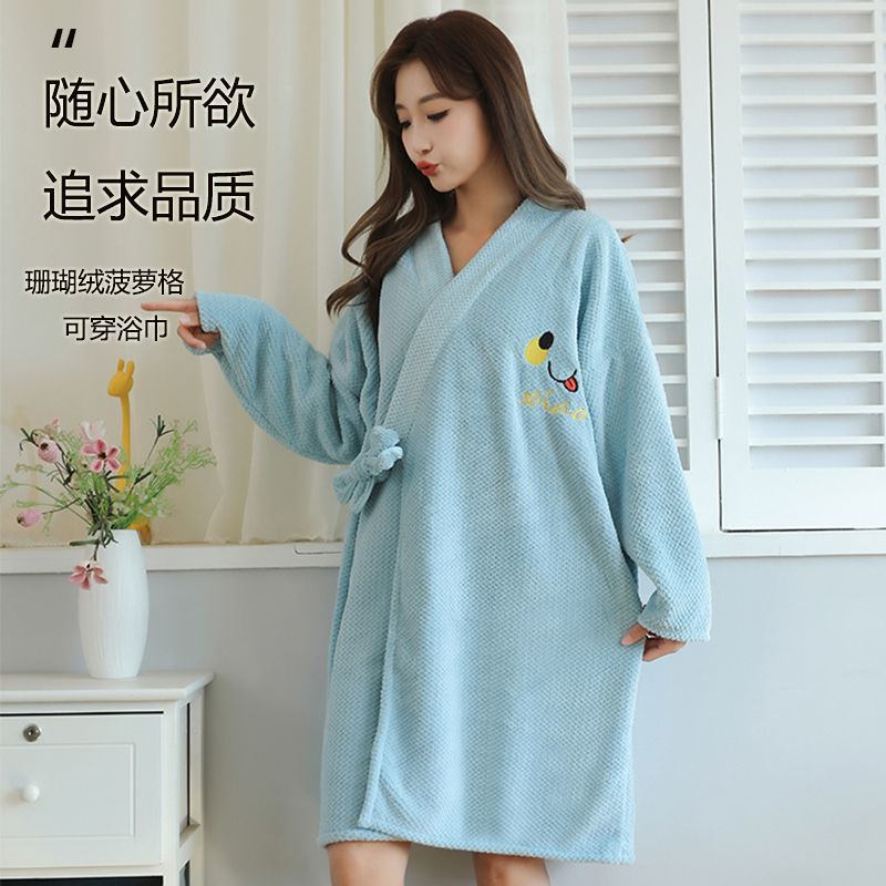 冬季加厚珊瑚绒浴袍菠萝格可穿浴巾加大加厚吸水速干柔软冬季浴裙高清大图