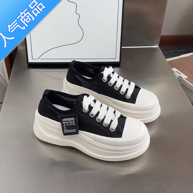 SUNTEK帆布鞋女夏季2023年新款松糕厚底女鞋薄款网面小白鞋休闲运动板鞋高清大图