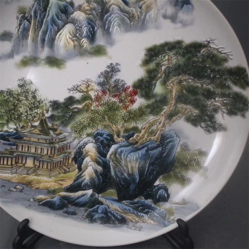 美帮汇景德镇仿古陶瓷乾隆粉彩山水风景盘家居装饰展柜客厅卧室中式摆件高清大图