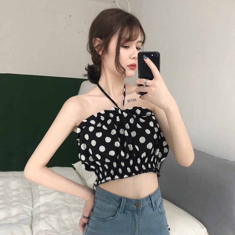 2018夏季新款韩版性感修身显瘦波点挂脖抹胸背心女短款上衣打底衫