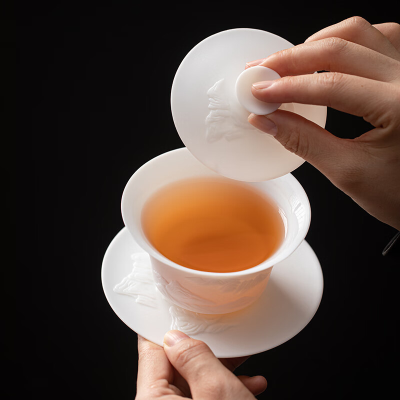 苏氏陶瓷/SUSHI CERAMICS JA08 冰种玉瓷薄胎泡茶碗浮雕“江山”三才盖碗150ml礼盒装高清大图