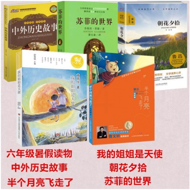 [醉染正版]北京2020年六年级暑假读物套装5册苏菲的世界+中外历史故事+半个月亮飞走了+朝花夕拾+我的姐姐是天使小学生高清大图