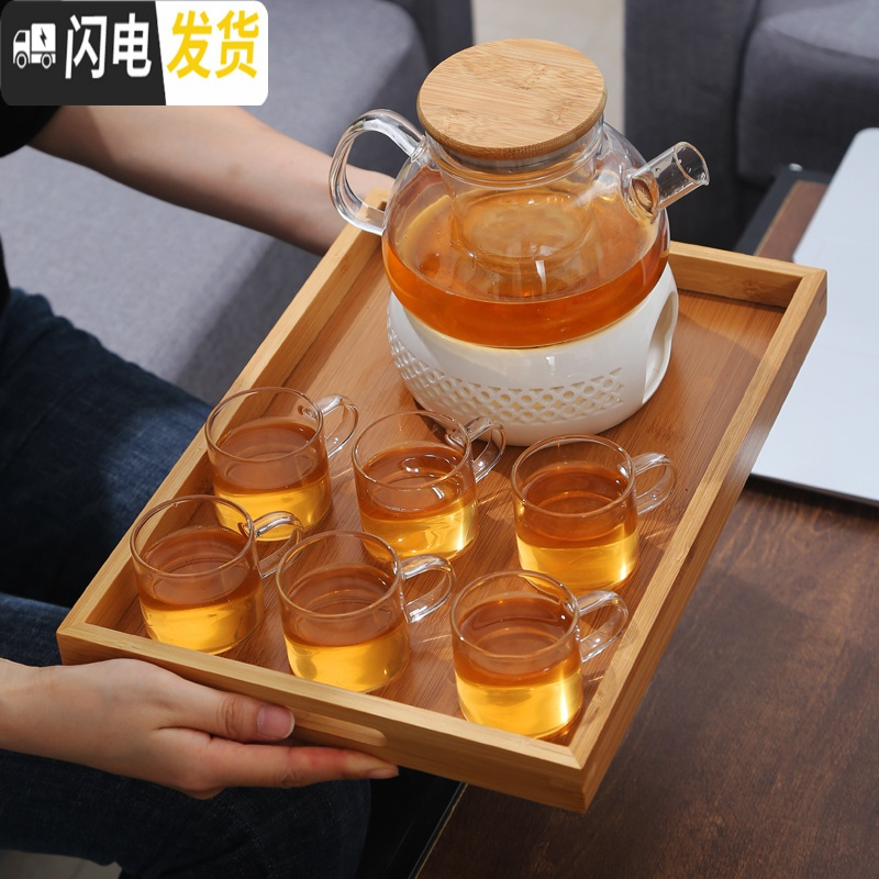 三维工匠日式耐热透明玻璃花茶壶煮水果茶套装家用茶杯蜡烛煮茶炉下午茶具 1滤嘴壶(竹盖)+6直筒杯+托盘A