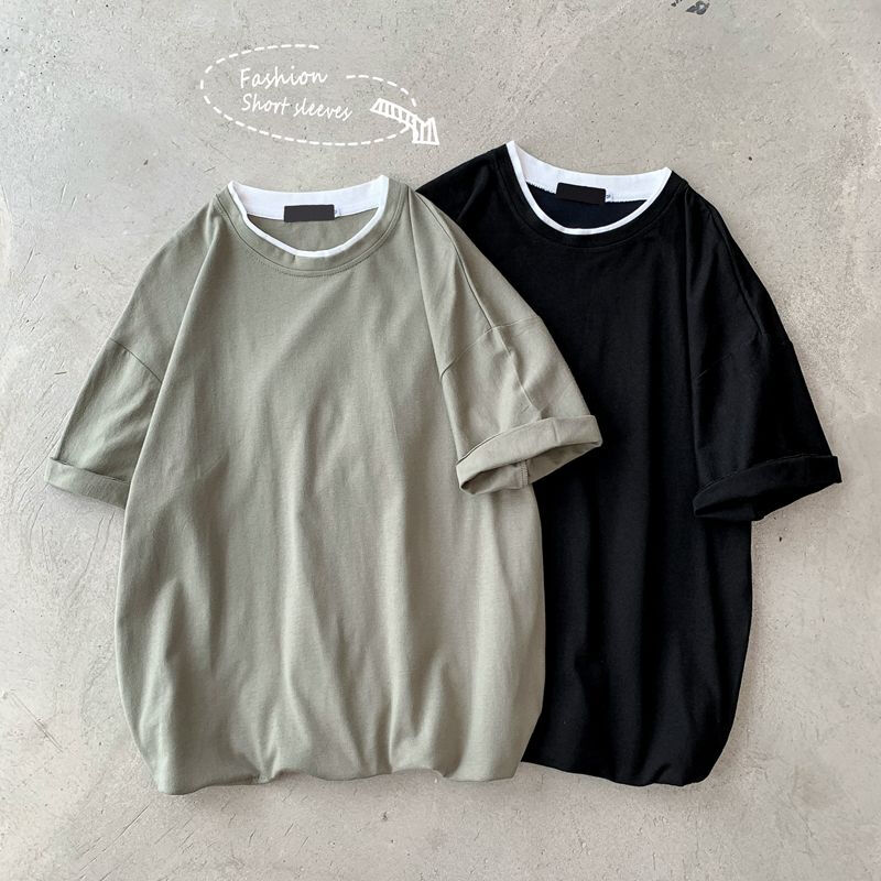 梵克公牛c2331p35夏季中性拼接假两件短袖t恤男港风文艺摆拍参数