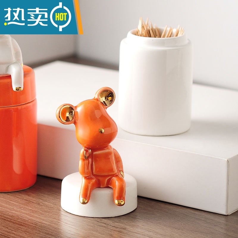 敬平卡通小熊牙签盒创意家用客厅轻奢便携牙签罐子北欧ins餐厅牙签筒 白牙签筒+绿坐熊高清大图