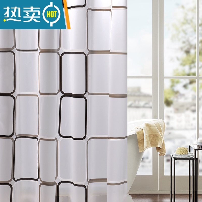敬平浴室隔断浴帘套装免打孔防水洗澡淋浴卫生间门帘挡水拉帘子加厚布 黑白方格 帘200*180送挂钩