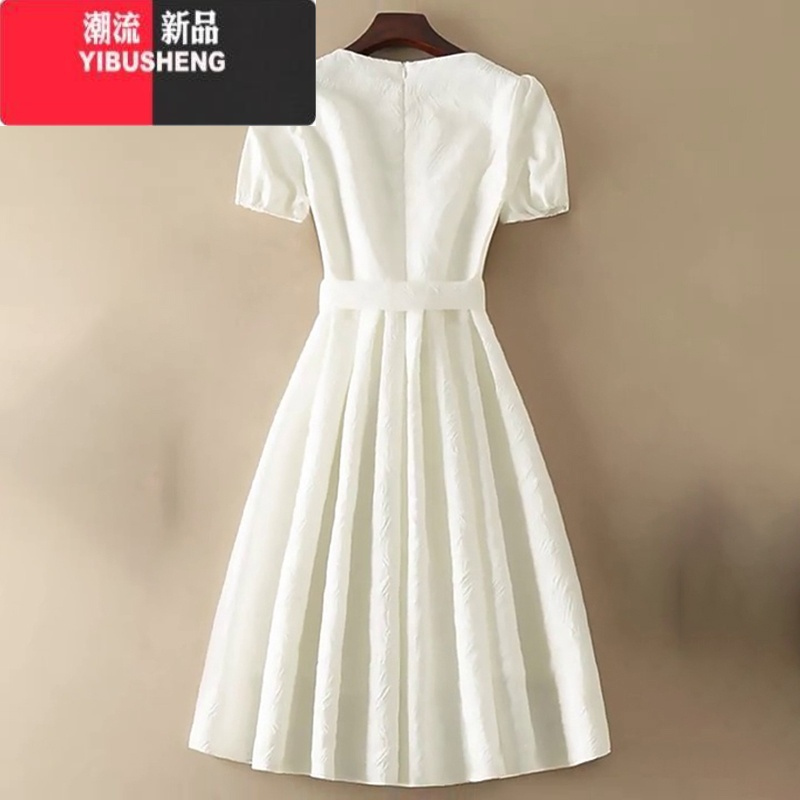 YIBUSHENG小个子女装小白裙高级感法式白色圆领收腰连衣裙长裙泡泡袖
