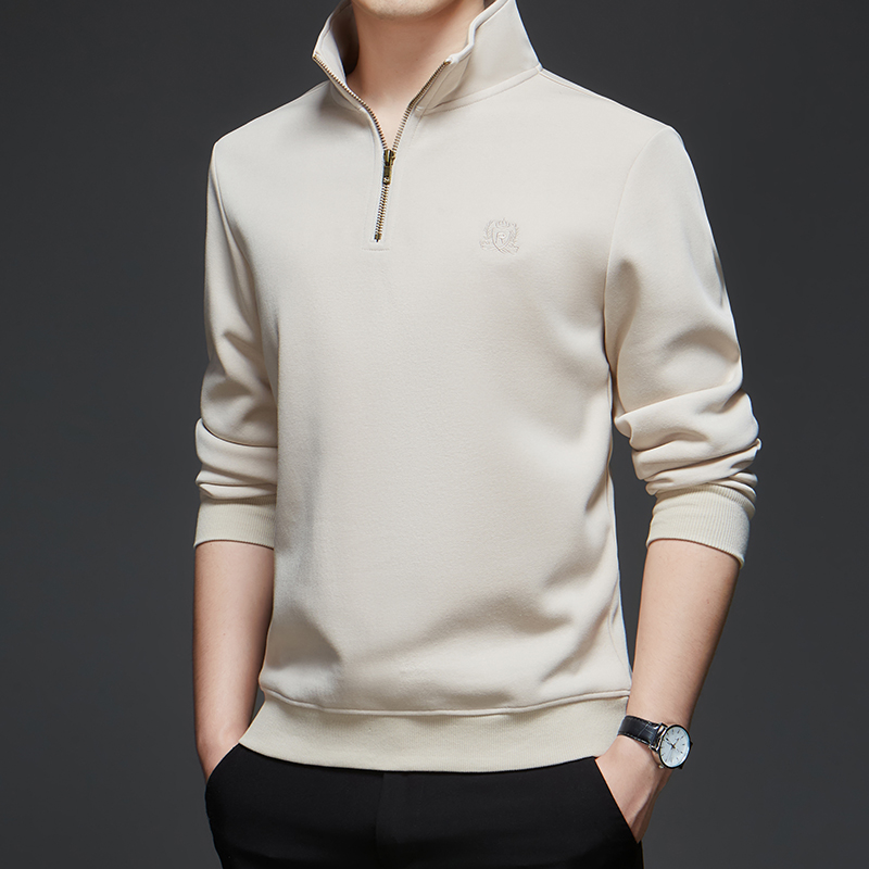 啄木鸟半拉炼纯棉休闲上衣男秋冬季新款宽松长袖上衣中年内搭打底衫衣高清大图