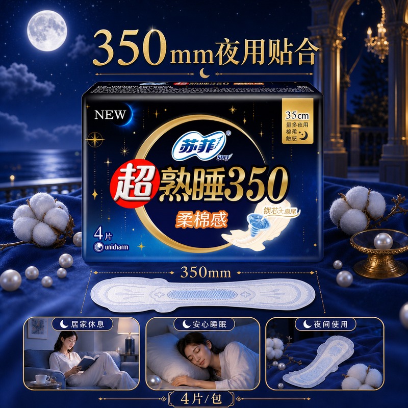 苏菲超熟睡柔棉感夜用卫生巾35cm4片超长扇尾量多姨妈巾高清大图