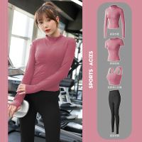 瑜伽服女春夏季紧身显瘦健身房速干衣健身服晨跑运动套装 M 【四件套】粉色上衣+黑色长裤