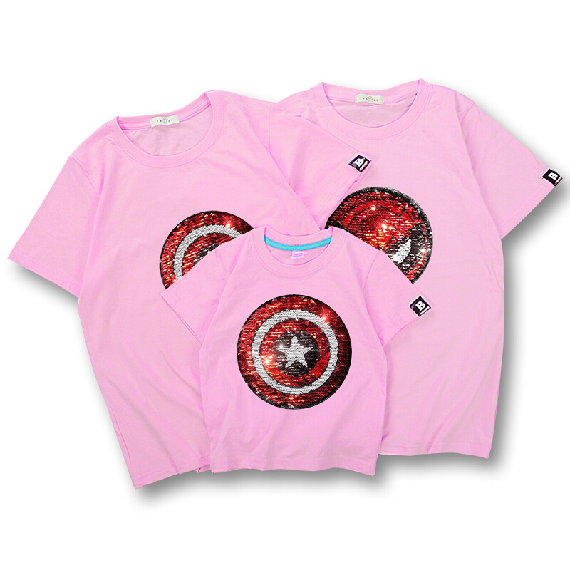 抖音变脸亮片t恤儿童衣服翻面变色网红变图案男童女童亲子装