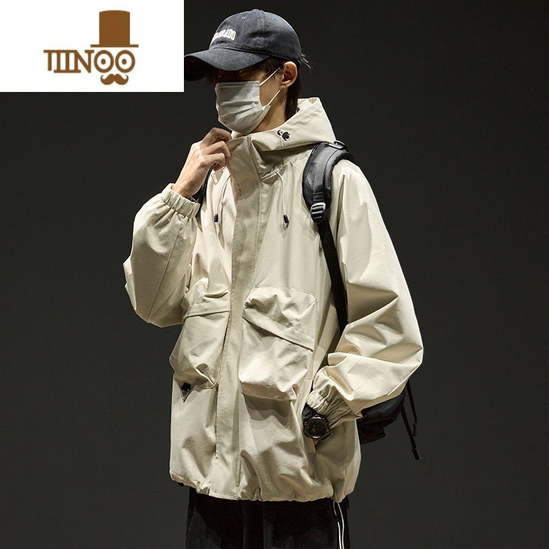 yanxu美式冲锋衣外套男款露营连帽上衣男生户外登山旅行工装夹克