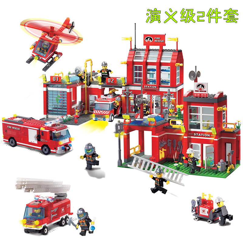 启蒙拼装积木 模拟城市系列消防大队 拼插塑料儿童学习智力玩具 三桥消防车高清大图