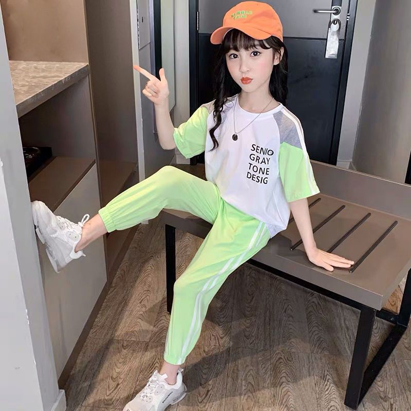 棉女童套装夏装新款韩版中大童洋气休闲时尚短袖运动两件套