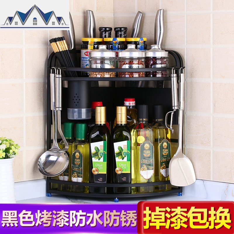 不锈钢厨房置物架转角拐角三角架调味料刀架免打孔壁挂落地黑色 三维工匠高清大图